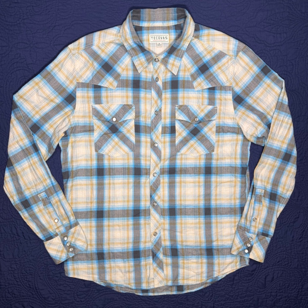 Tecovas Mens Blue Yellow Plaid Pearl Snap Western Shirt Medium Long Sleeve